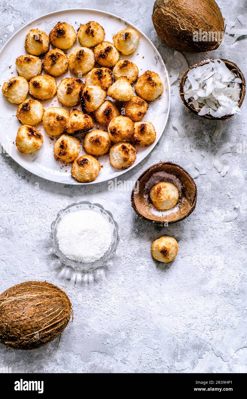 Shell Biscuits Coconut biscuits in coconut shell, coconuts and coconut chips Stock ...