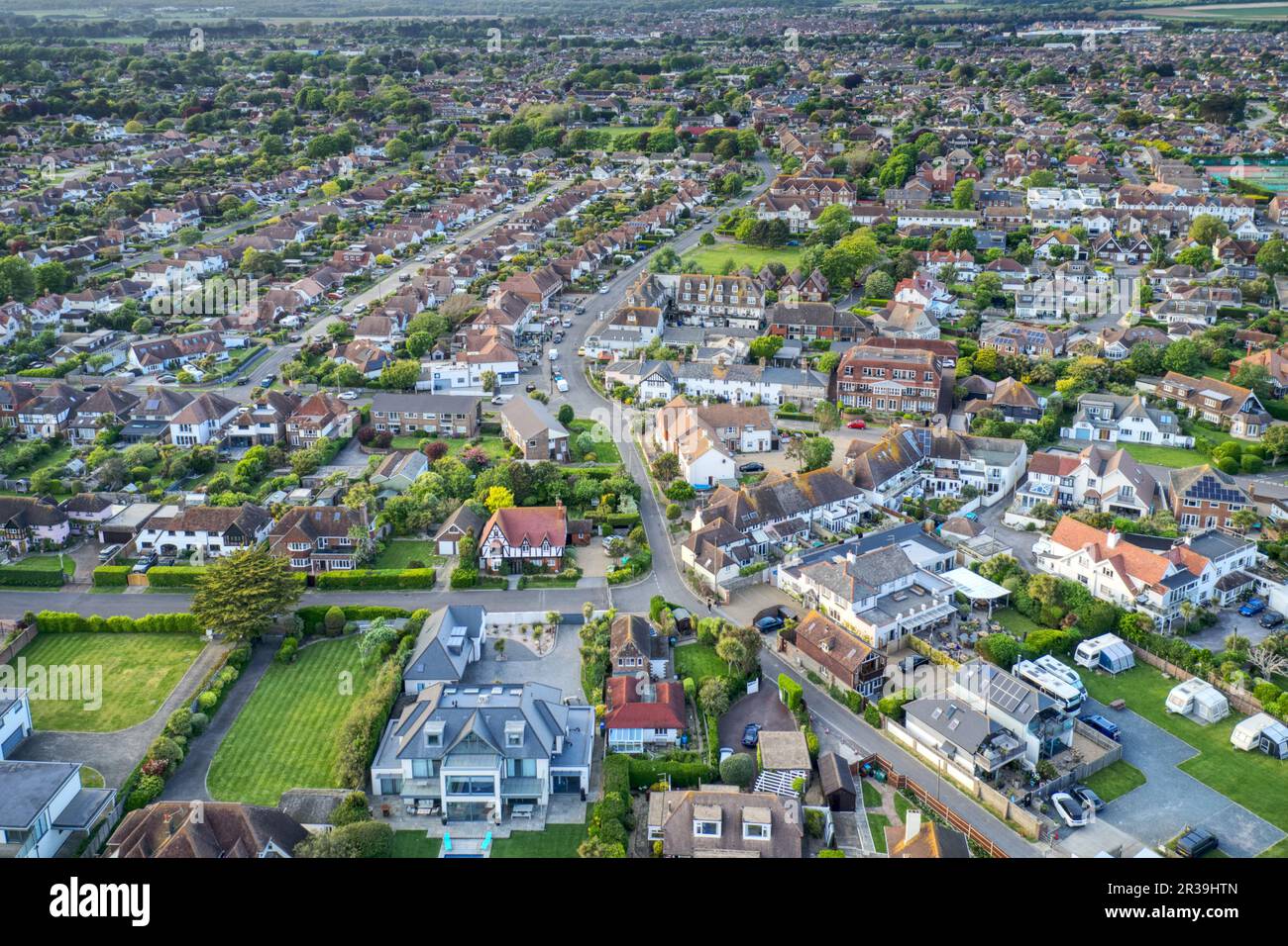 East Preston in West Sussex on the Southern coast of England aerial photo of Sea Lane and the lower parade of shops. Stock Photo