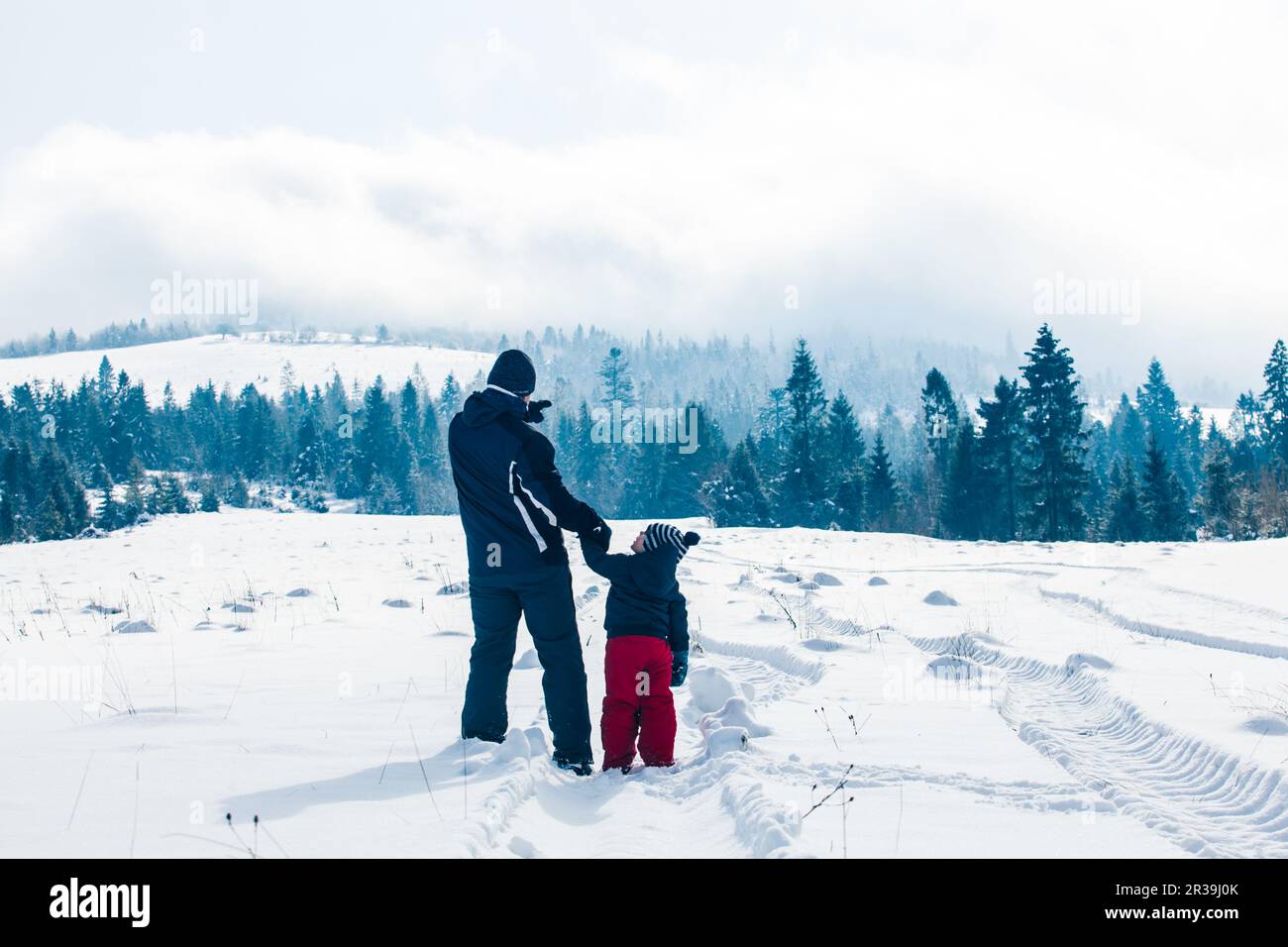 Back view of little boy with father during ski holiday Stock Photo