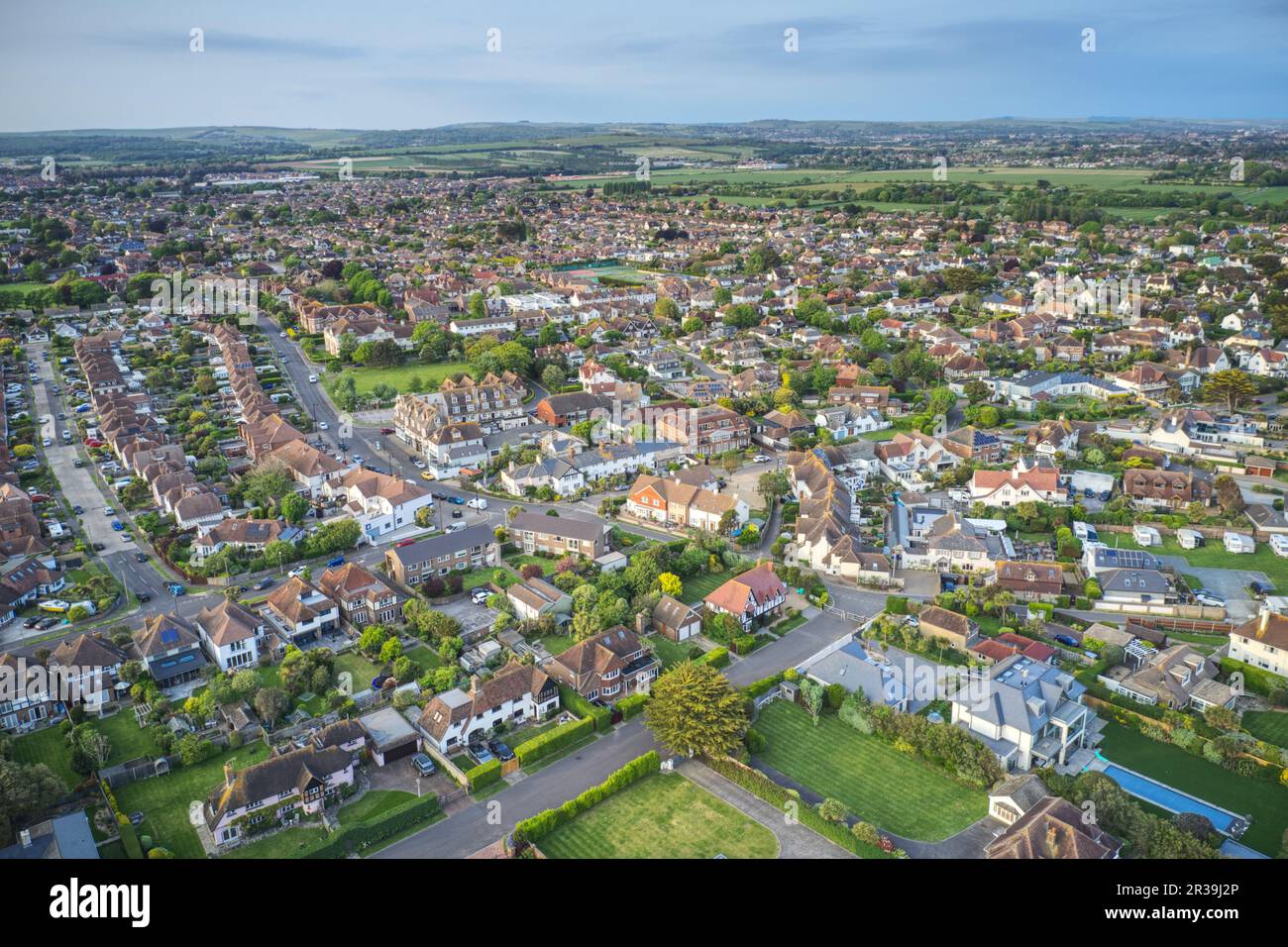 Aerial view over the West Sussex village of East Preston on the Southern Coast of England. Stock Photo