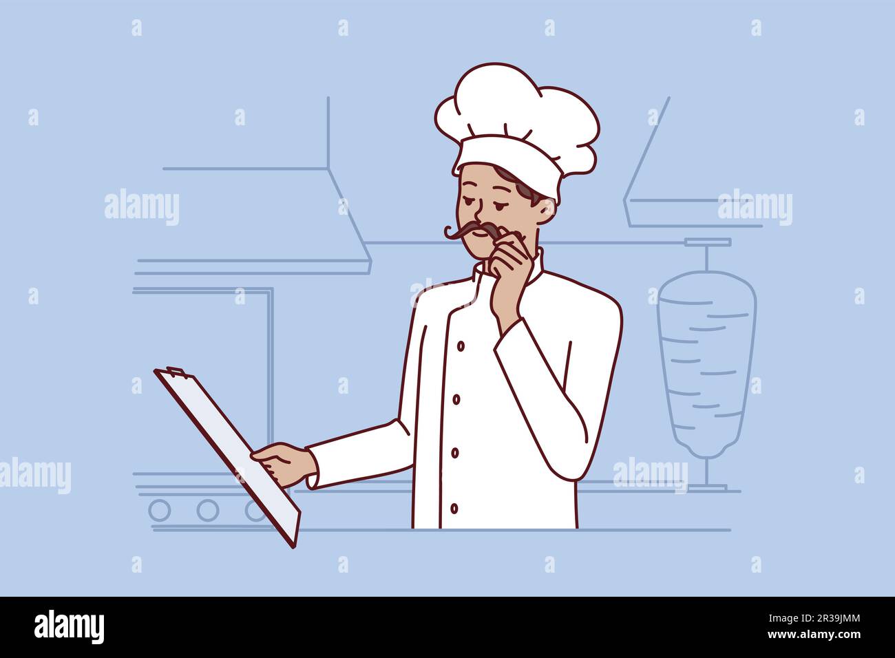 Chef cook man stands in kitchen street food restaurant and holds clipboard with menu getting ready for new working day. Chef guy makes career in restaurant industry and touches mustache Stock Vector