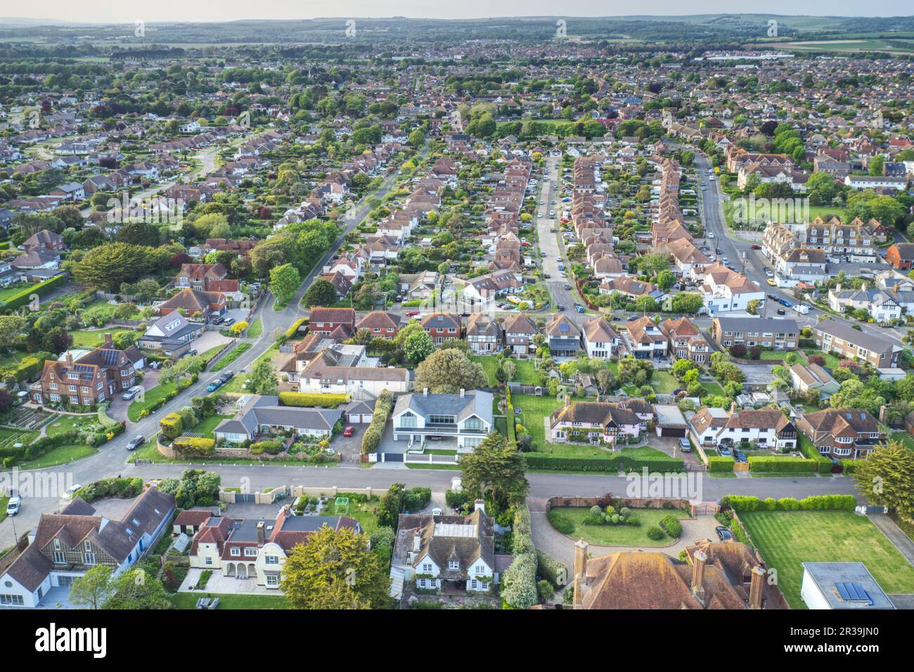 Aerial view over the West Sussex village of East Preston looking towards Normandy Lane on the Southern Coast of England. Stock Photo