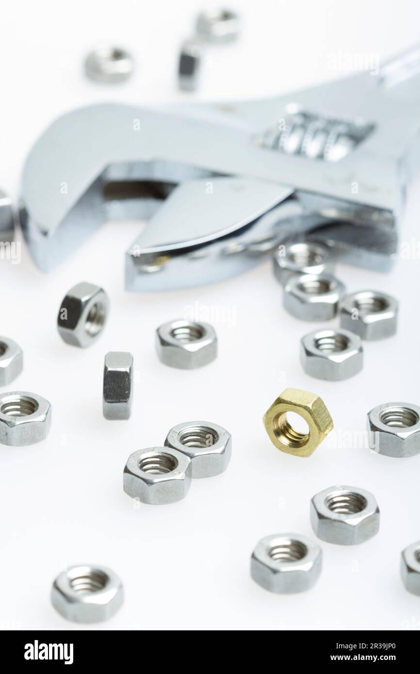 Metallic hex nuts and an adjustable wrench. Steel nuts and one brass