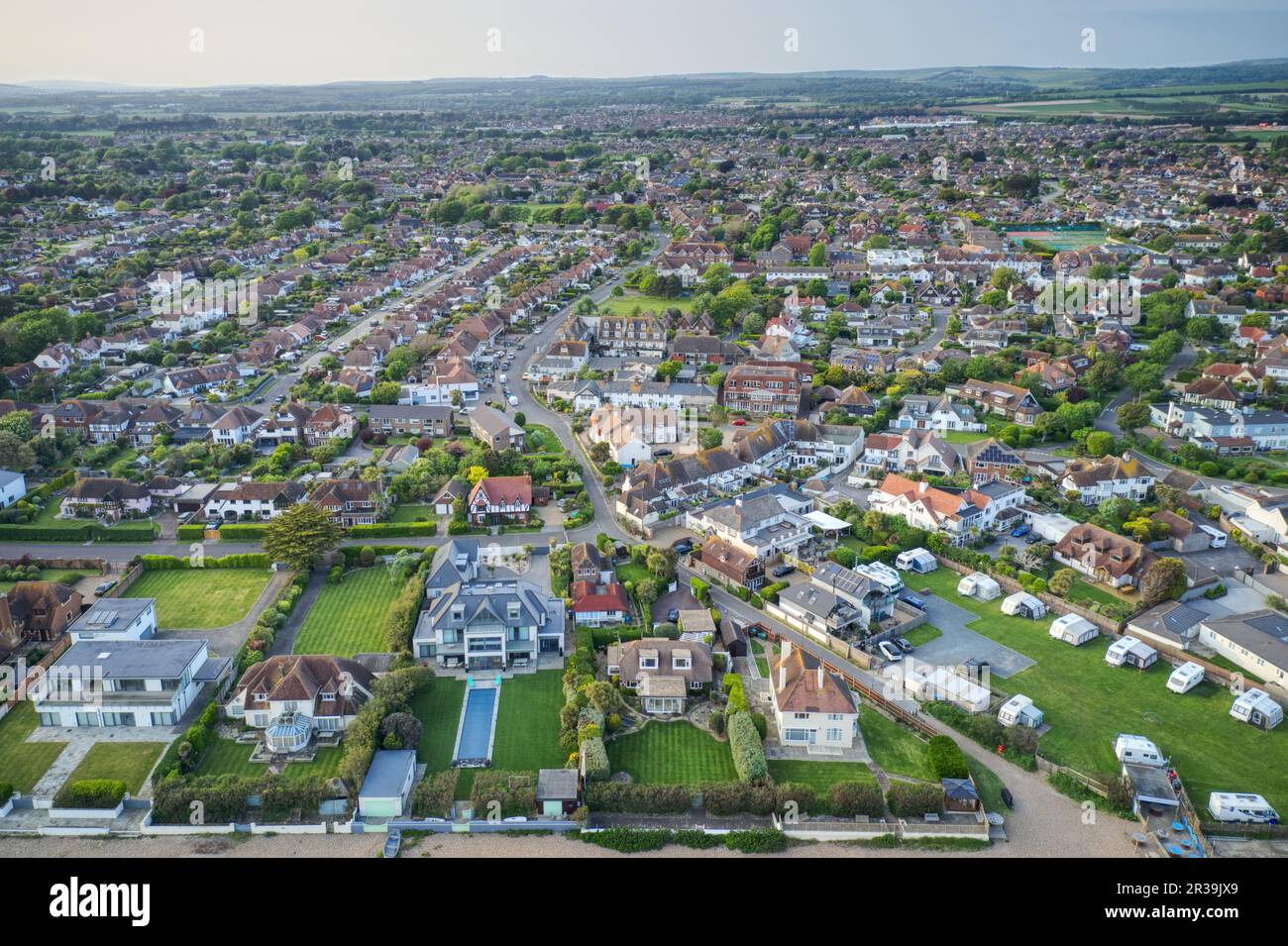 East Preston seafront in West Sussex on the Southern Coast of England, Aerial photo. Stock Photo