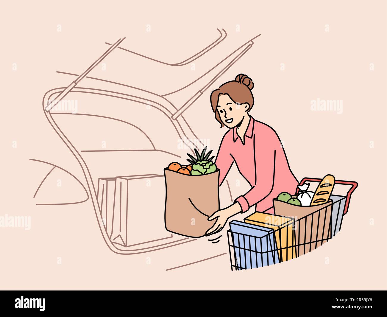 Smiling woman unload groceries into car trunk from supermarket cart