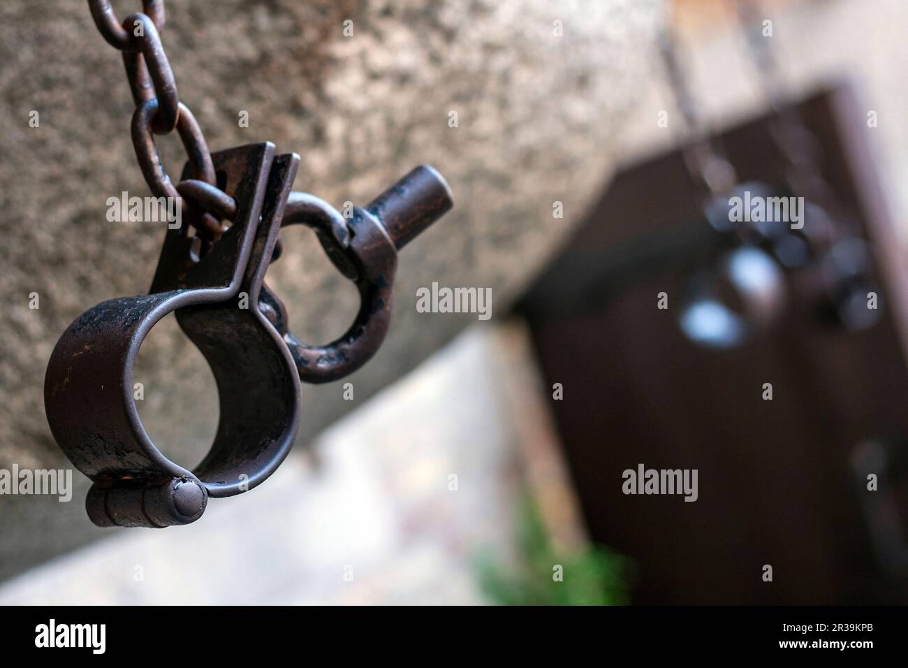 Handcuffs in yard of Prison Tower in Gdansk Stock Photo