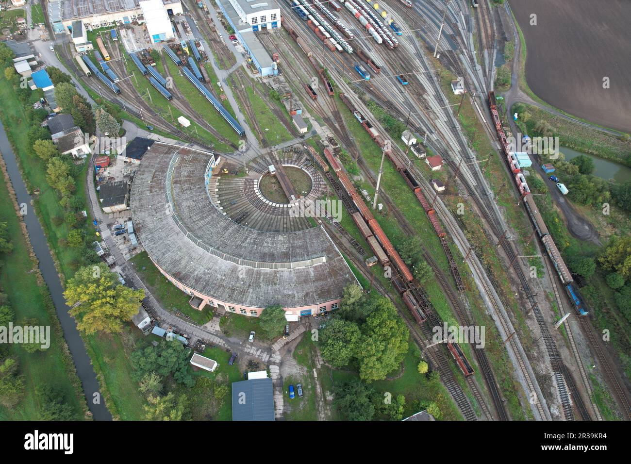 Railway turntable for locomotives aerial view train turntable,aerial panorama landscape of turning table for trains on the railway,railway technology Stock Photo