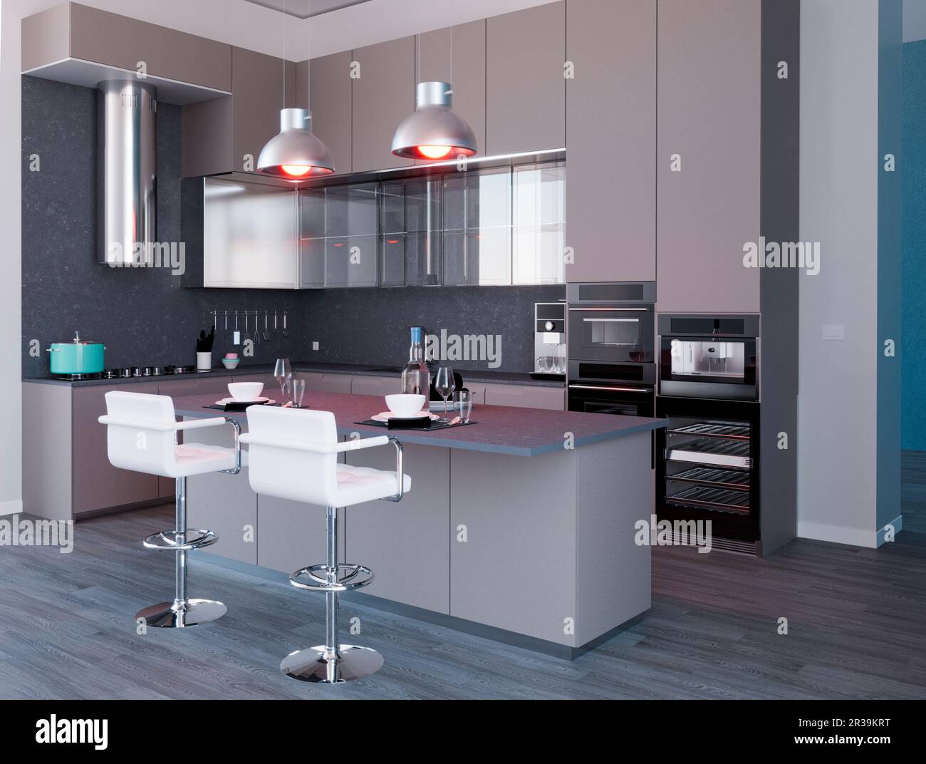View of a modern kitchen interior furniture. Stove and furniture with table and chairs. Interior architecture, project for a modern and kitchen Stock Photo