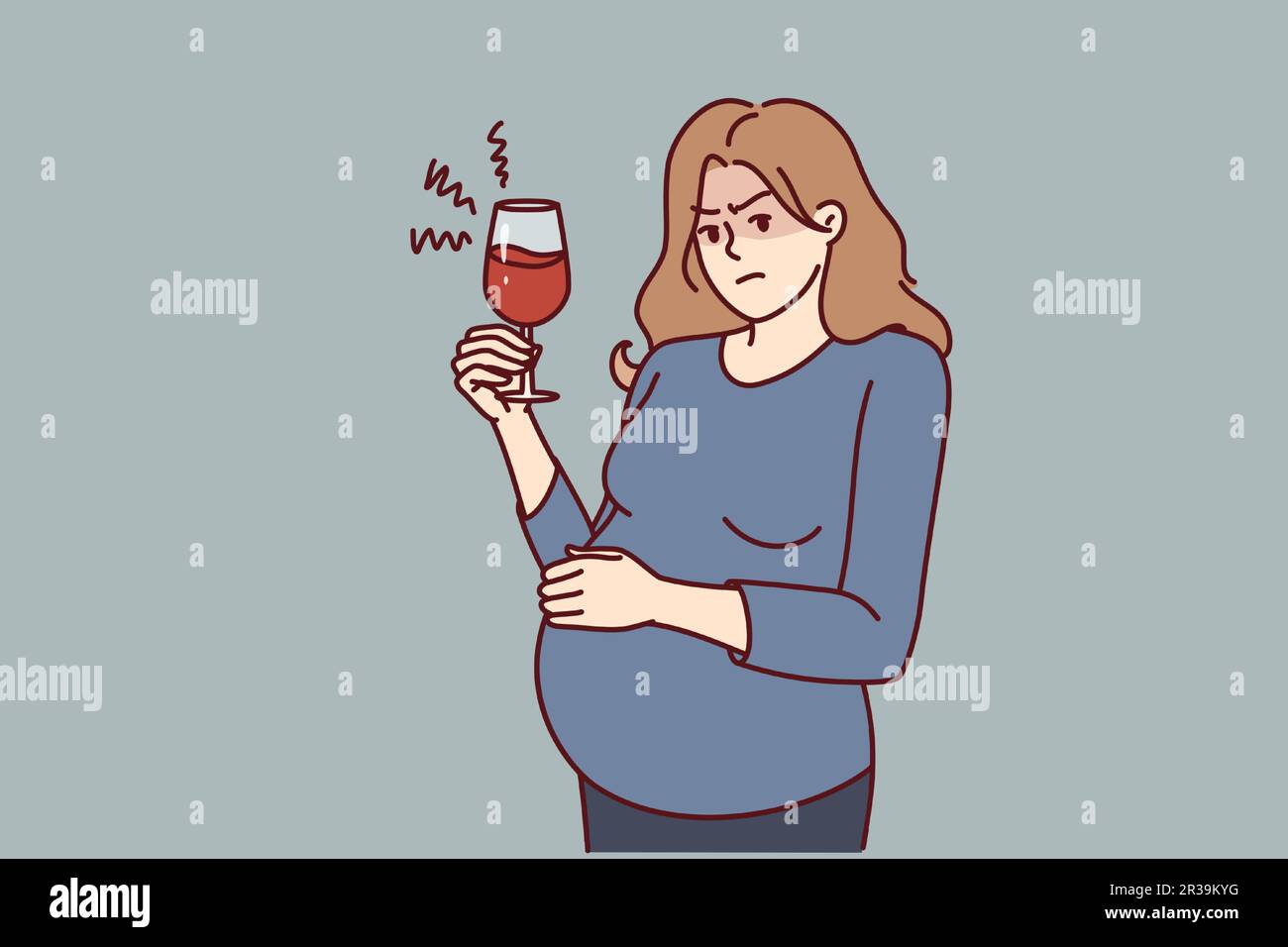 Pregnant woman drinks alcohol unknowingly causing harm to unborn child. Pregnant girl with glass of wine or alcoholic cocktail needs consultation about dangers of bad habits for expectant mothers Stock Vector
