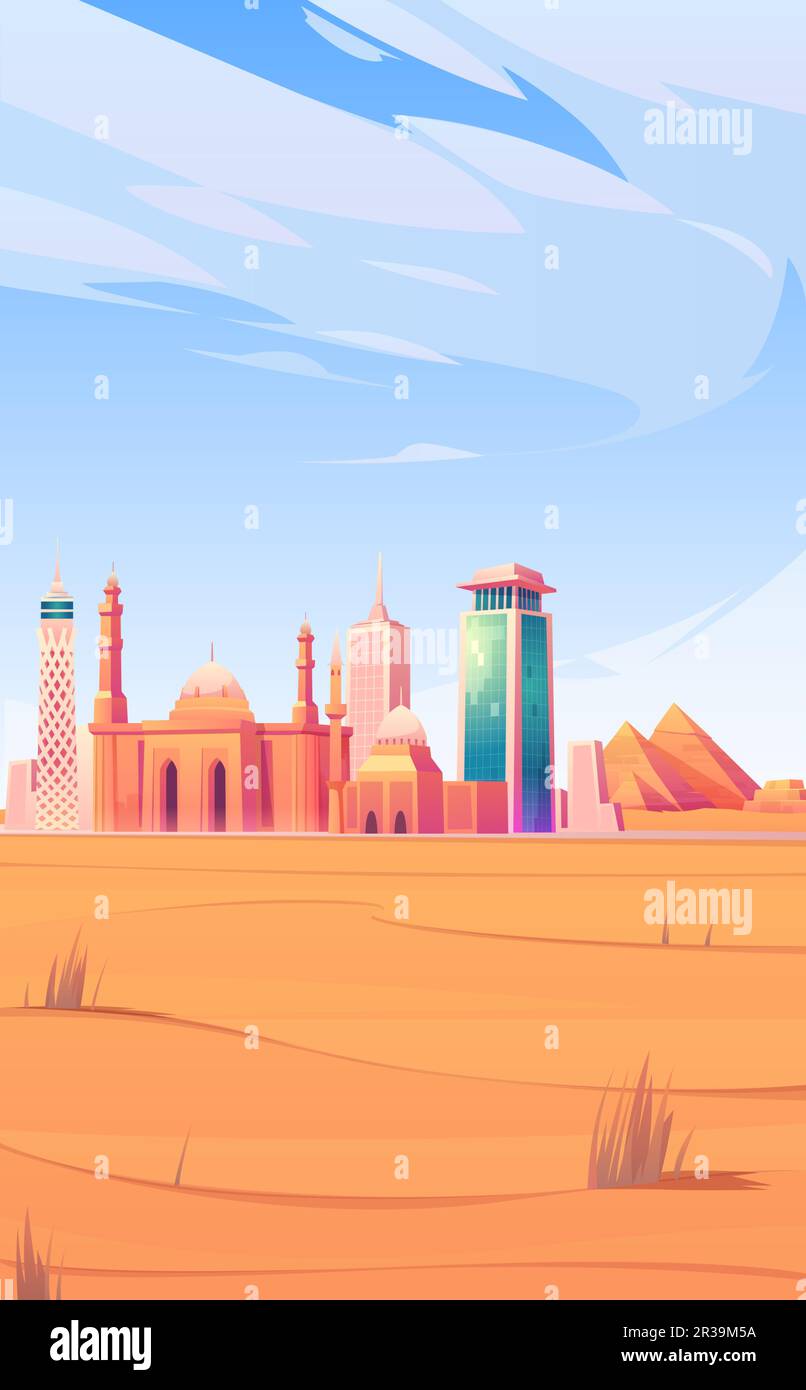 Egypt landmarks, Cairo city skyline mobile phone background or screen saver with world famous pyramids, tv tower, mosque in desert tourist attraction architecture buildings Cartoon vector illustration Stock Vector