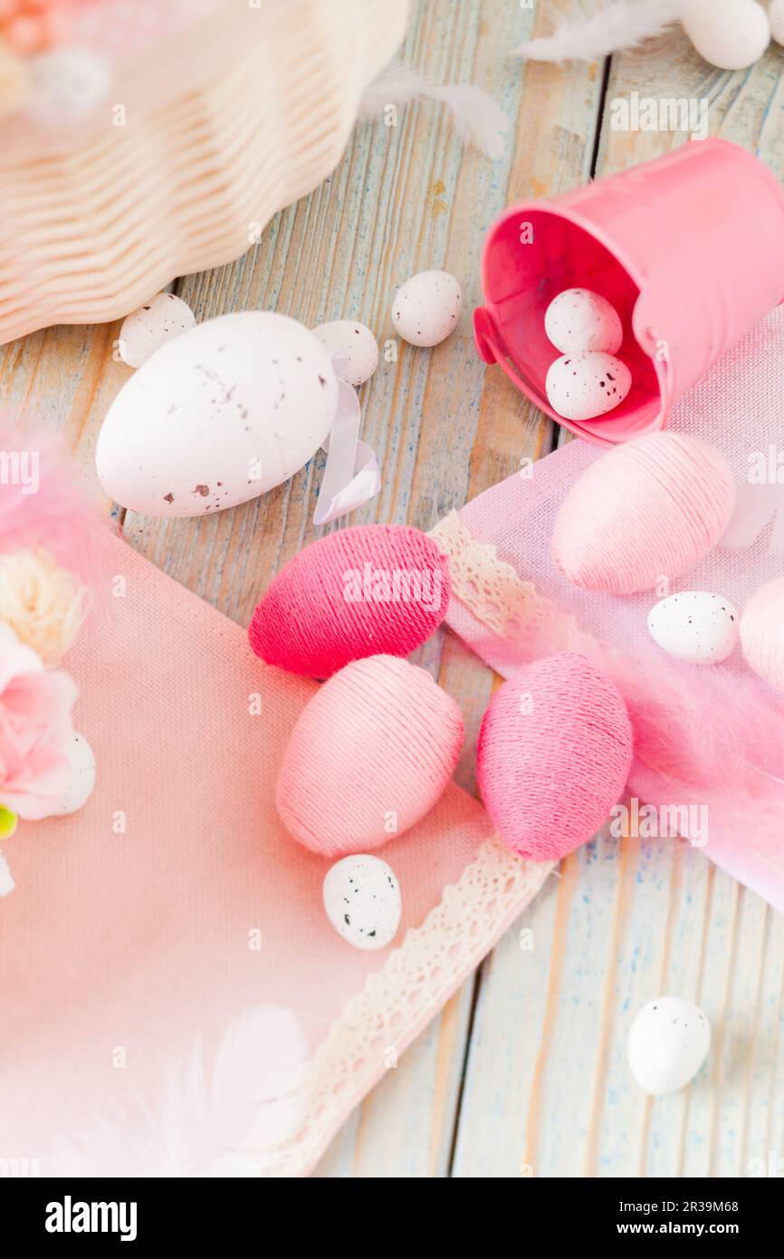 Top view assortment of handcrafted eggs for Easter Stock Photo