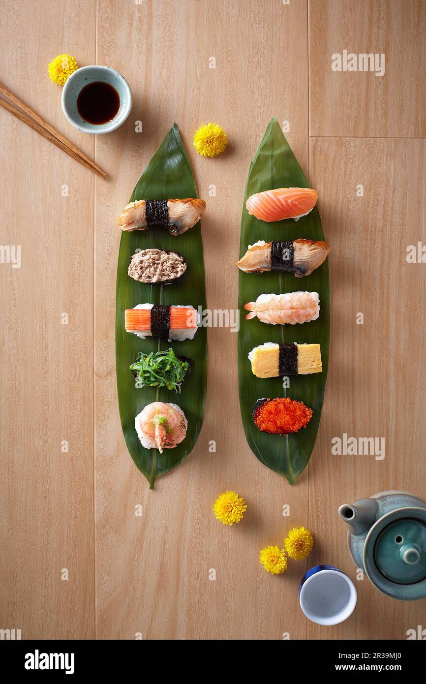 Sushi Platter served on Sasa leaves Stock Photo