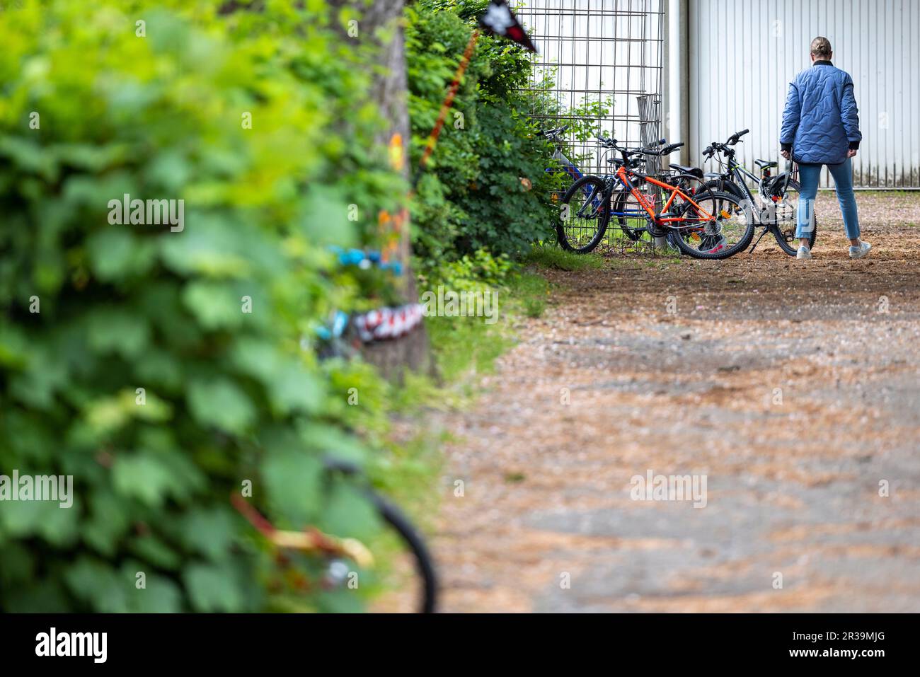 Recklinghausen, Germany. 23rd May, 2023. An officer of the criminal investigation department searches for clues in the schoolyard of an elementary school. After the discovery of a woman's body in the school yard, a 17-year-old suspect has been arrested. The autopsy of the dead 19-year-old had shown signs of violent death by strangulation, police and prosecutors said. Credit: Christoph Reichwein/dpa/Alamy Live News Stock Photo