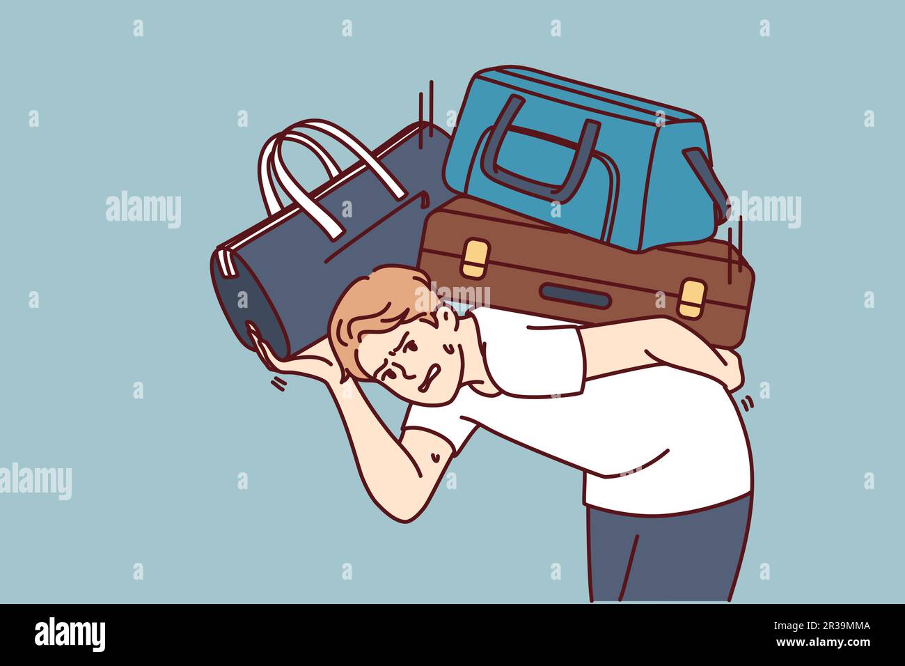 Dissatisfied man with heavy suitcases is moving or relocating to new city. Guy in casual clothes bends over putting suitcases on back and looks at screen in need of help from loader Stock Vector