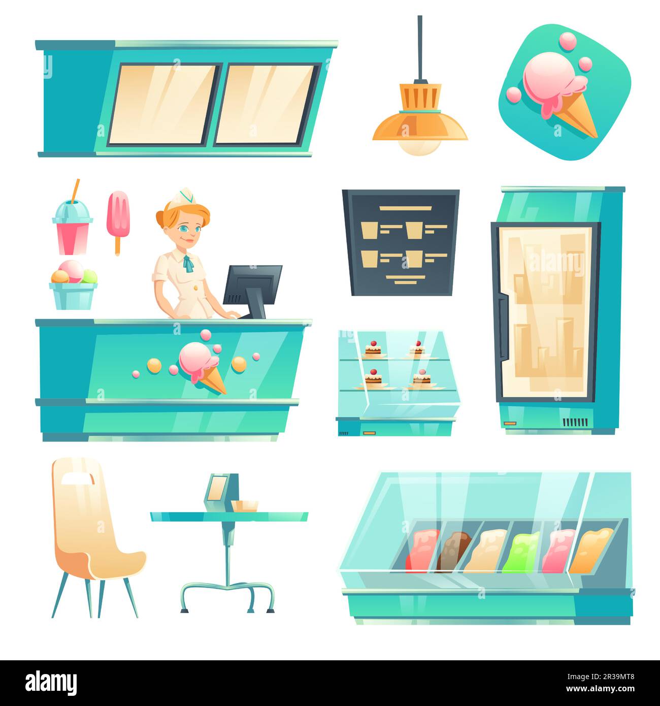 Ice cream shop interior with seller at counter, fridge and table. Vector cartoon set of furniture of cafe with ice cream in freezer, italian gelateria or parlor with sundae and desserts Stock Vector