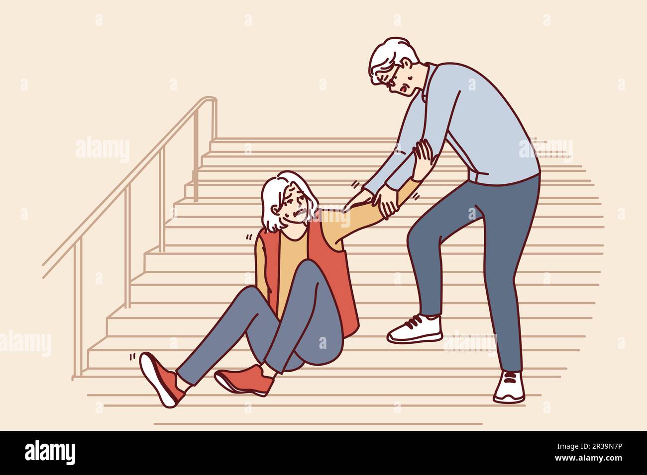 Elderly man helps fallen old woman up while descending street staircase. Gray-haired caring grandfather provides first aid to grandmother who has fallen on walk and descending stairs Stock Vector