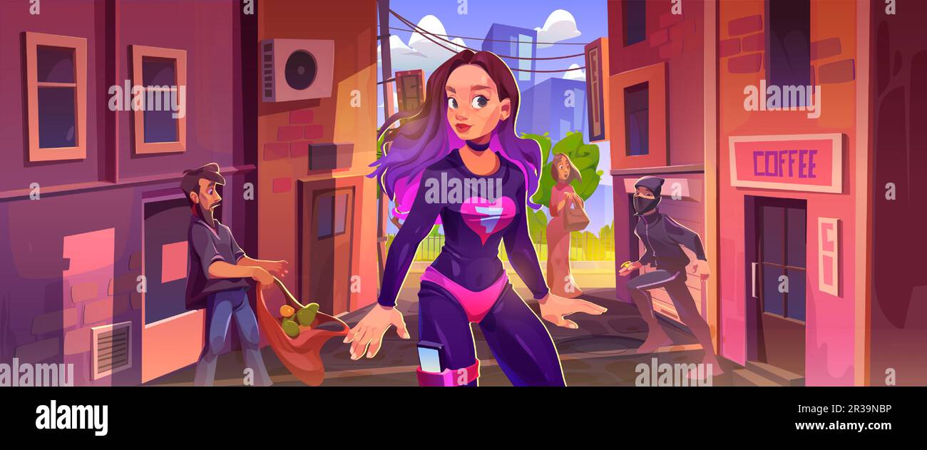 Girl super hero in city street alley came for thief man cartoon background. Neighborhood back alleyway in ghetto and powerful female character in tight purple costume came for justice comics scene Stock Vector