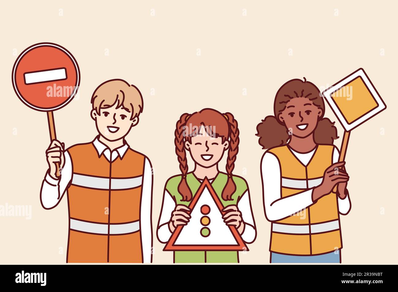 Children learning rules of road wear reflective vests and display traffic sign to help pedestrians and drivers. Schoolchildren play traffic inspectors to learn rules of moving around city Stock Vector