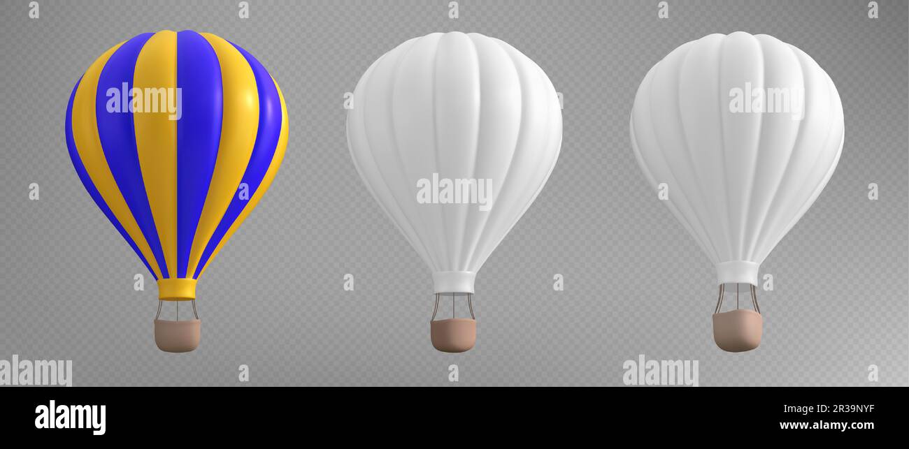 Realistic set of hot air balloon mockups isolated on transparent background. Vector illustration of white and yellow blue color inflatable aircraft with basket for recreation travel, flight adventure Stock Vector