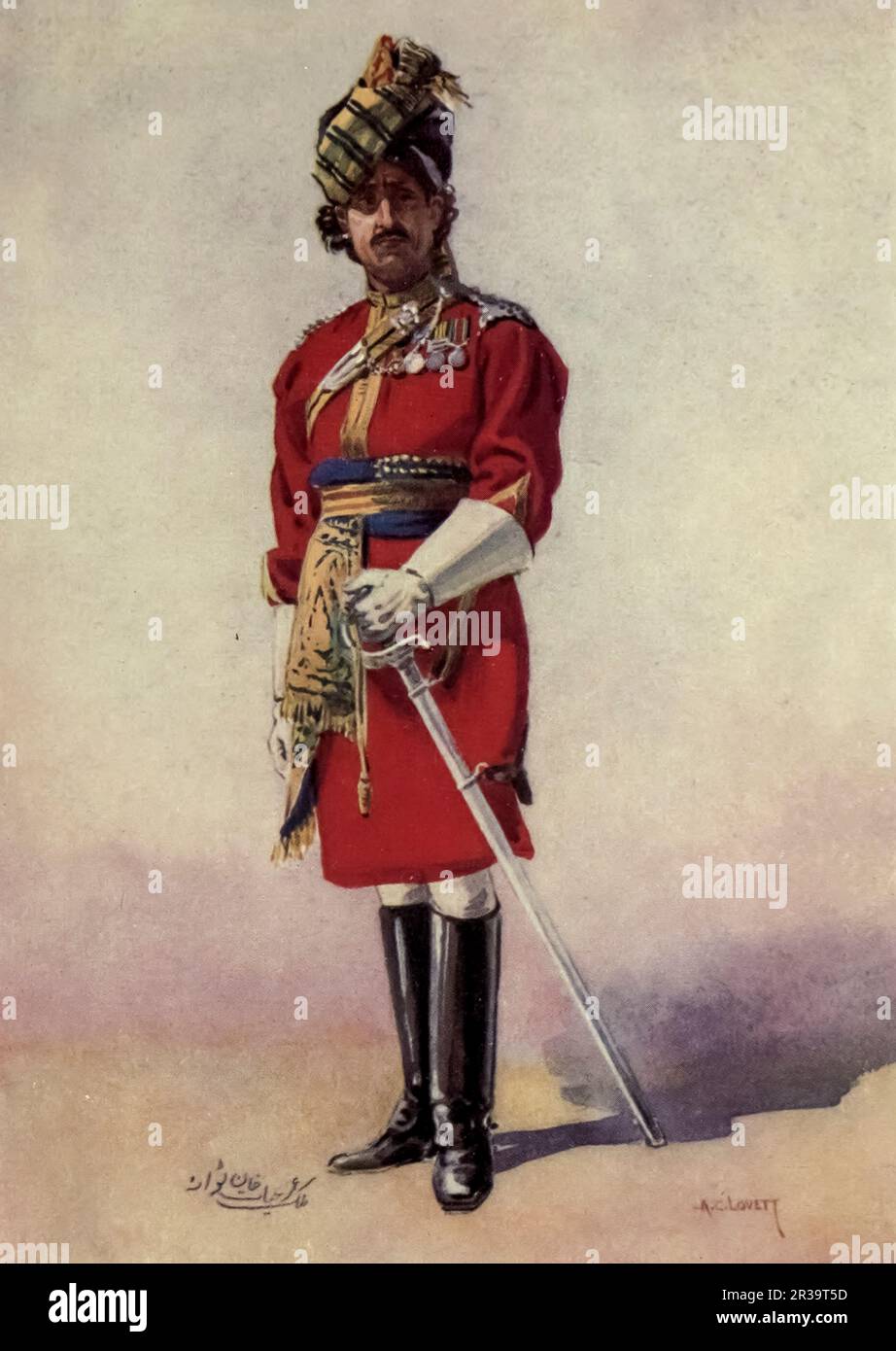 18th King George's Own Lancers Honorary Lieutenant Hon. Malik Umar Hayat Khan, C.I.E. Tiwana of Shahpur (Punjabi Musalman) painted by Major Alfred Crowdy Lovett, (1862-1919) from the book ' The armies of India ' by Major George Fletcher MacMunn, (1869-1952) Publication date 1911 Publisher London, Adam and Charles Black Stock Photo