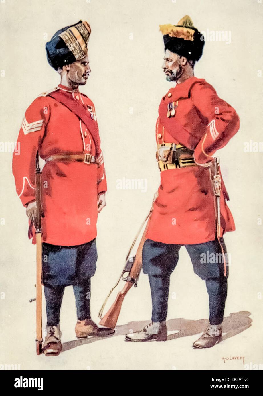 Havildar (Sergeants) of the 5th Light Infantry (left) and 6th Jat Light Infantry 9right) painted by Major Alfred Crowdy Lovett, (1862-1919) from the book ' The armies of India ' by Major George Fletcher MacMunn, (1869-1952) Publication date 1911 Publisher London, Adam and Charles Black Stock Photo