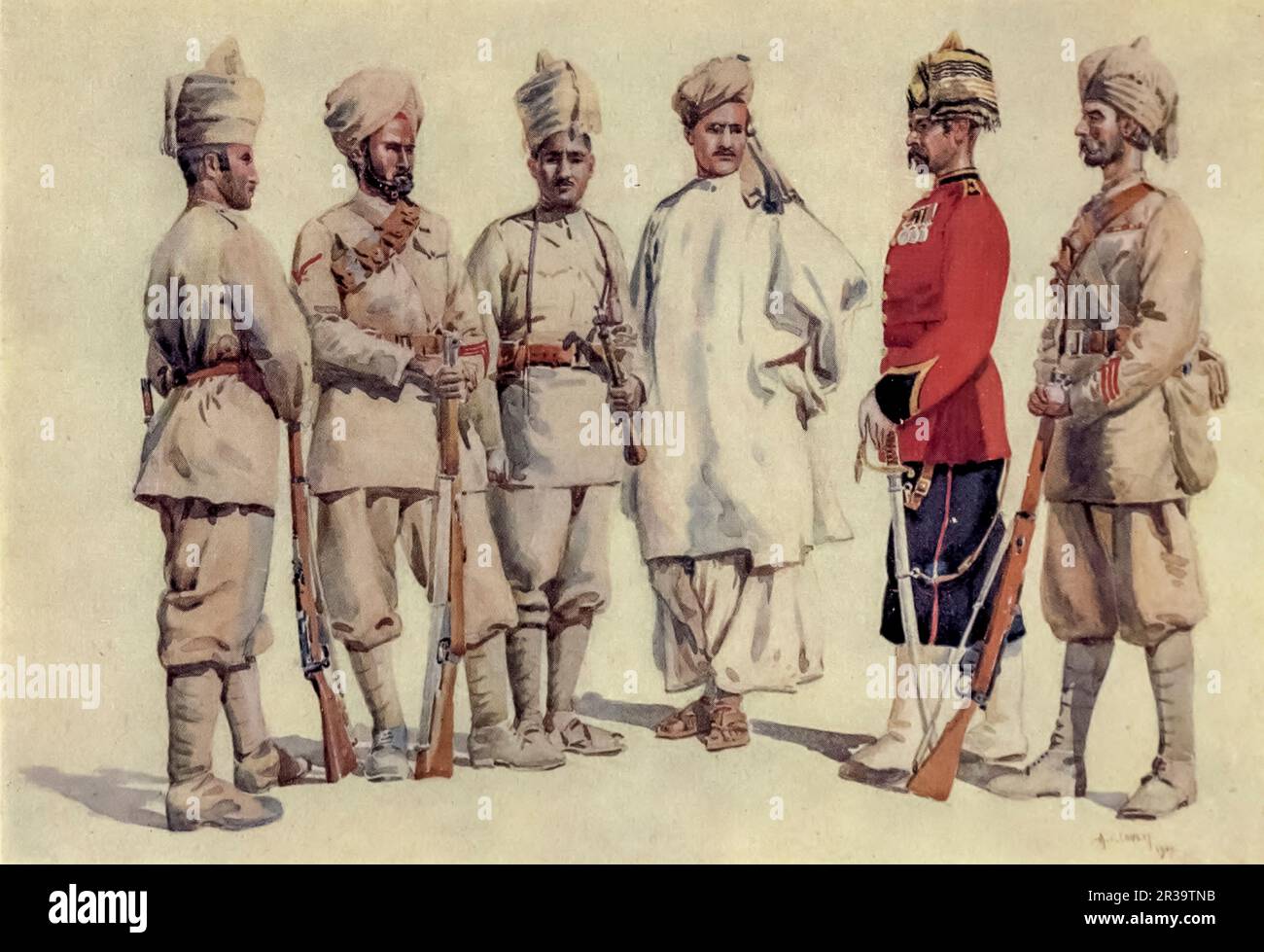 19th Punjabis (now 5th Battalion The Punjab Regiment, Pakistan Army). Left to Right: Afridi, Sikh, Bangash, Swati, Yusufzai, Punjabi Muslim painted by Major Alfred Crowdy Lovett, (1862-1919) from the book ' The armies of India ' by Major George Fletcher MacMunn, (1869-1952) Publication date 1911 Publisher London, Adam and Charles Black Stock Photo