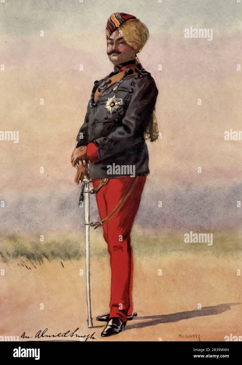 42nd Deoli Regiment Honorary Major H.H. Sir Umed Singh Bahadur, G.C.I.E.. K.C.S.I. Maharao of Kota (Rajputana) painted by Major Alfred Crowdy Lovett, (1862-1919) from the book ' The armies of India ' by Major George Fletcher MacMunn, (1869-1952) Publication date 1911 Publisher London, Adam and Charles Black Stock Photo