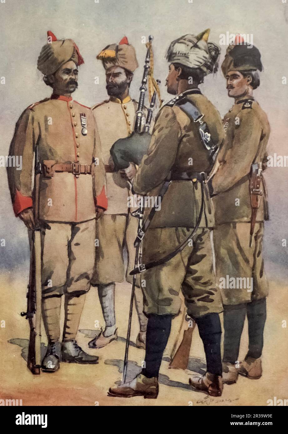 Frontier Force. 59th Scinde Rifles. 51st Sikhs (Piper/ Punjabi Musalman). 56th Punjabi Rifles (Sagri Khattaks). painted by Major Alfred Crowdy Lovett, (1862-1919) from the book ' The armies of India ' by Major George Fletcher MacMunn, (1869-1952) Publication date 1911 Publisher London, Adam and Charles Black Stock Photo