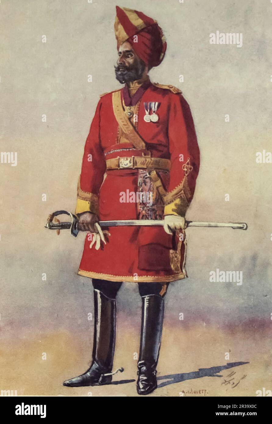 Bharatpur Infantry; The Commandant a Jat painted by Major Alfred Crowdy Lovett, (1862-1919) from the book ' The armies of India ' by Major George Fletcher MacMunn, (1869-1952) Publication date 1911 Publisher London, Adam and Charles Black Stock Photo