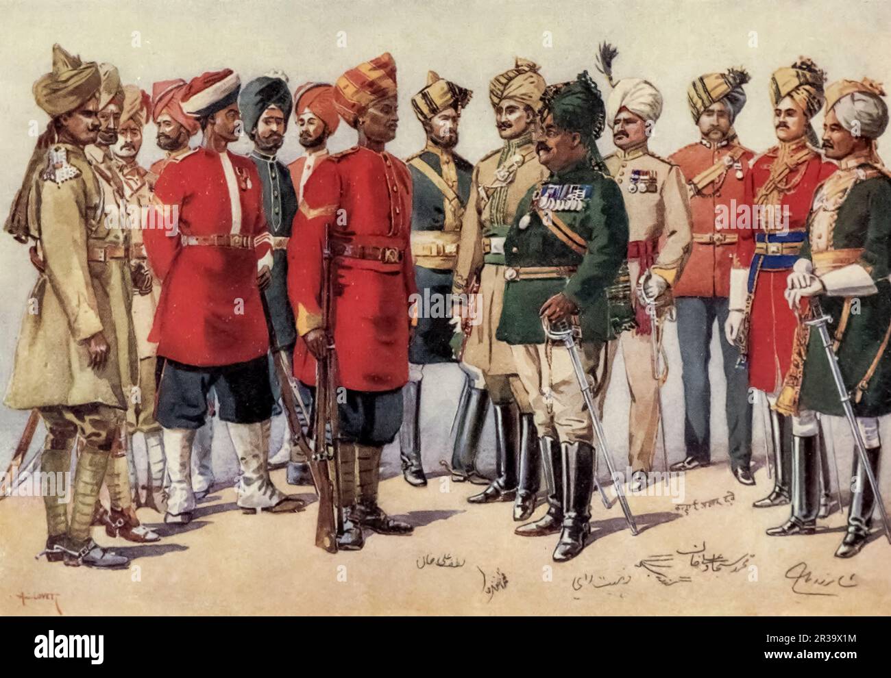 Imperial Service Troops. In front (leftmost) 2nd Gwalior Lancers. Alwar Infantry. Bharatpur Infantry. Jaipur Transport Corps. Second (back) row: Patiala Rajindra Lancers. Kashmir Mountain Battery. Kapurthala Infantry. Jind Infantry. Nabha Infantry (all this infantry - Jat Sikhs). Indore Transport Corps. Bahawalpur Mounted Rifles and Camel Transport. 1st Kashmir Infantry. Sirmoor Sapprs. Rampur Lancers. 1st Hyderabad Lancers. painted by Major Alfred Crowdy Lovett, (1862-1919) from the book ' The armies of India ' by Major George Fletcher MacMunn, (1869-1952) Publication date 1911 Publisher Lond Stock Photo