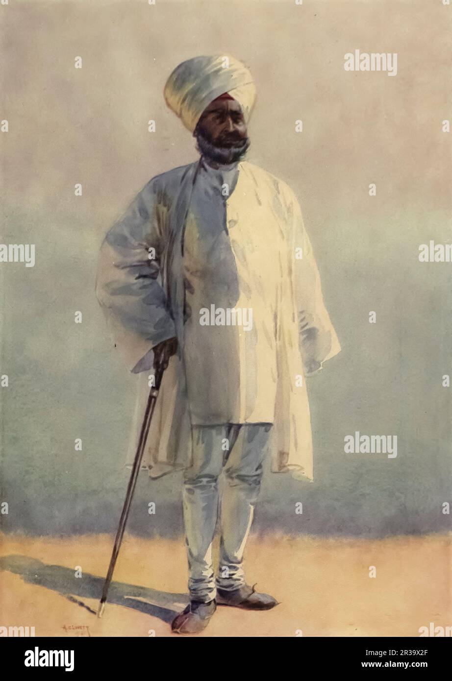 OFF TO PENSION (A Sikh Officer) painted by Major Alfred Crowdy Lovett, (1862-1919) from the book ' The armies of India ' by Major George Fletcher MacMunn, (1869-1952) Publication date 1911 Publisher London, Adam and Charles Black Stock Photo