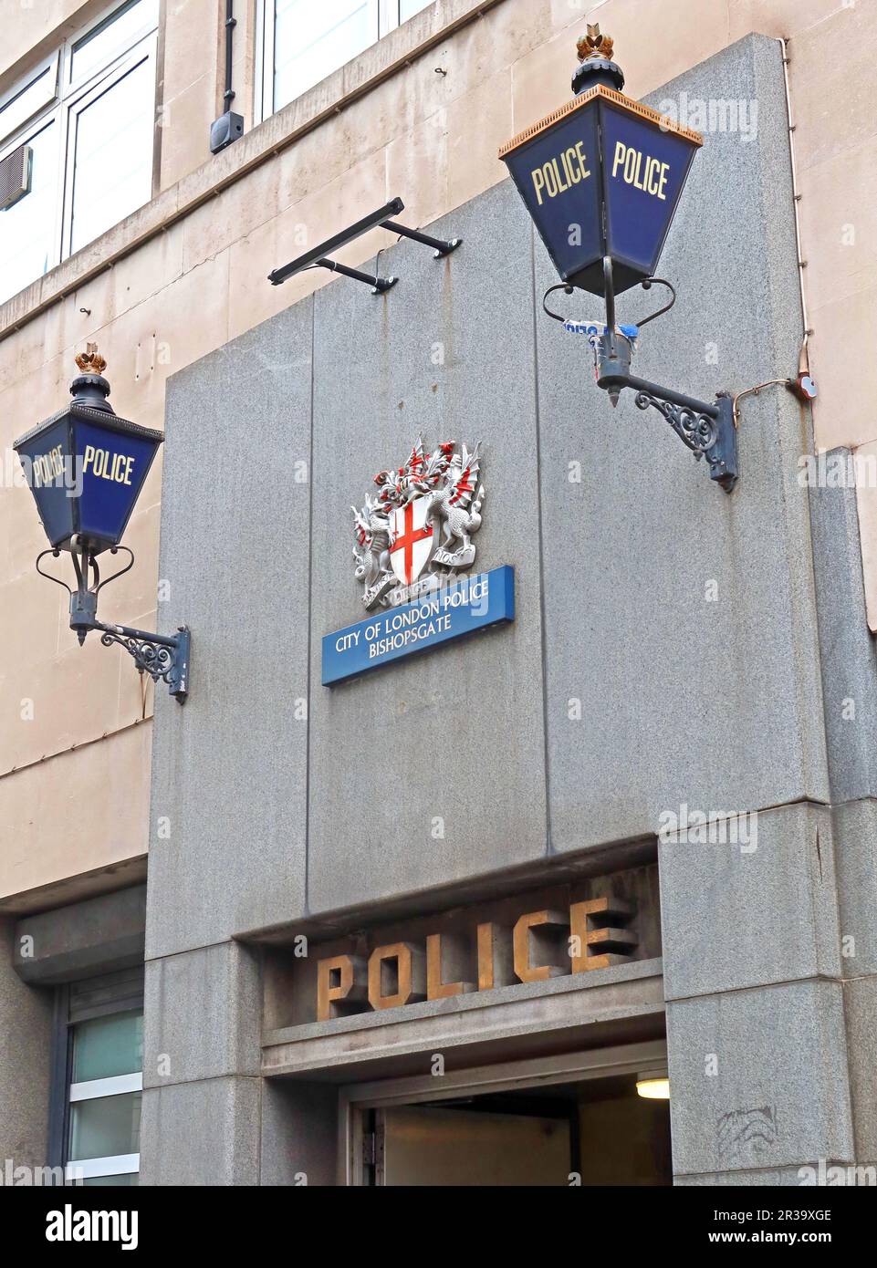 Two blue lamps, City Of London Police station, Bishopsgate, London, England, UK,  EC2M 4NP Stock Photo