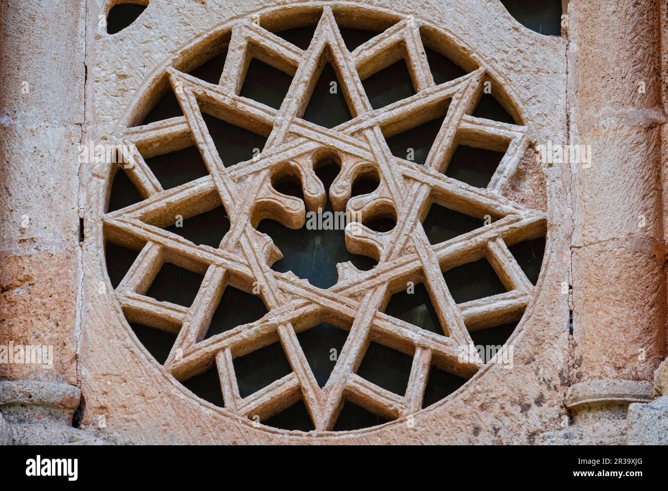 stone lattices, Ermita de Santa Coloma, Albendiego, Guadalajara province, Spain. Stock Photo