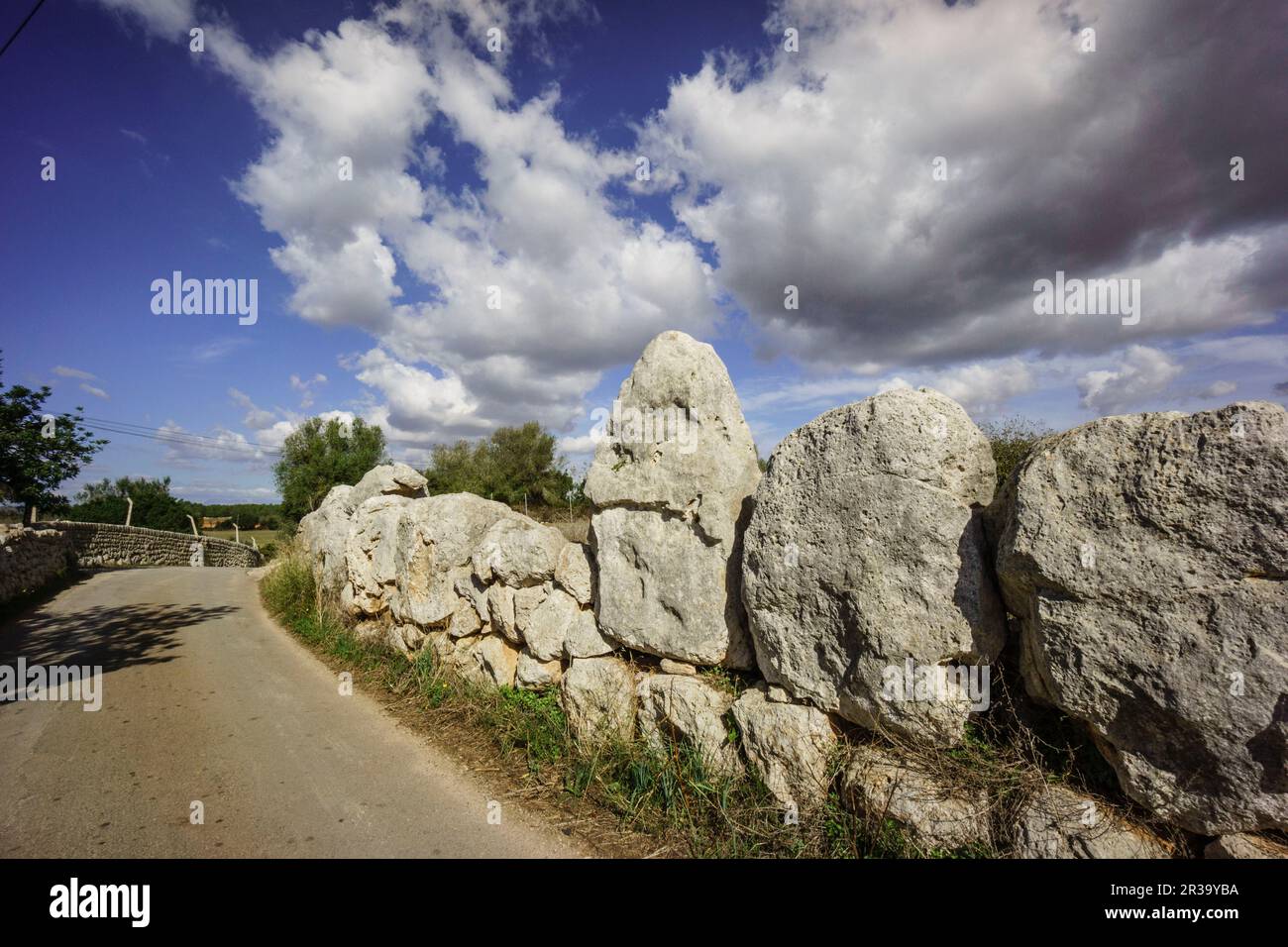 muralla de Es Pou Celat, epoca talayotica (1300-123 a. C.) , restos de un antiguo poblado fortificado, Porreres, Comarca de Es Pla, Mallorca, Spain. Stock Photo