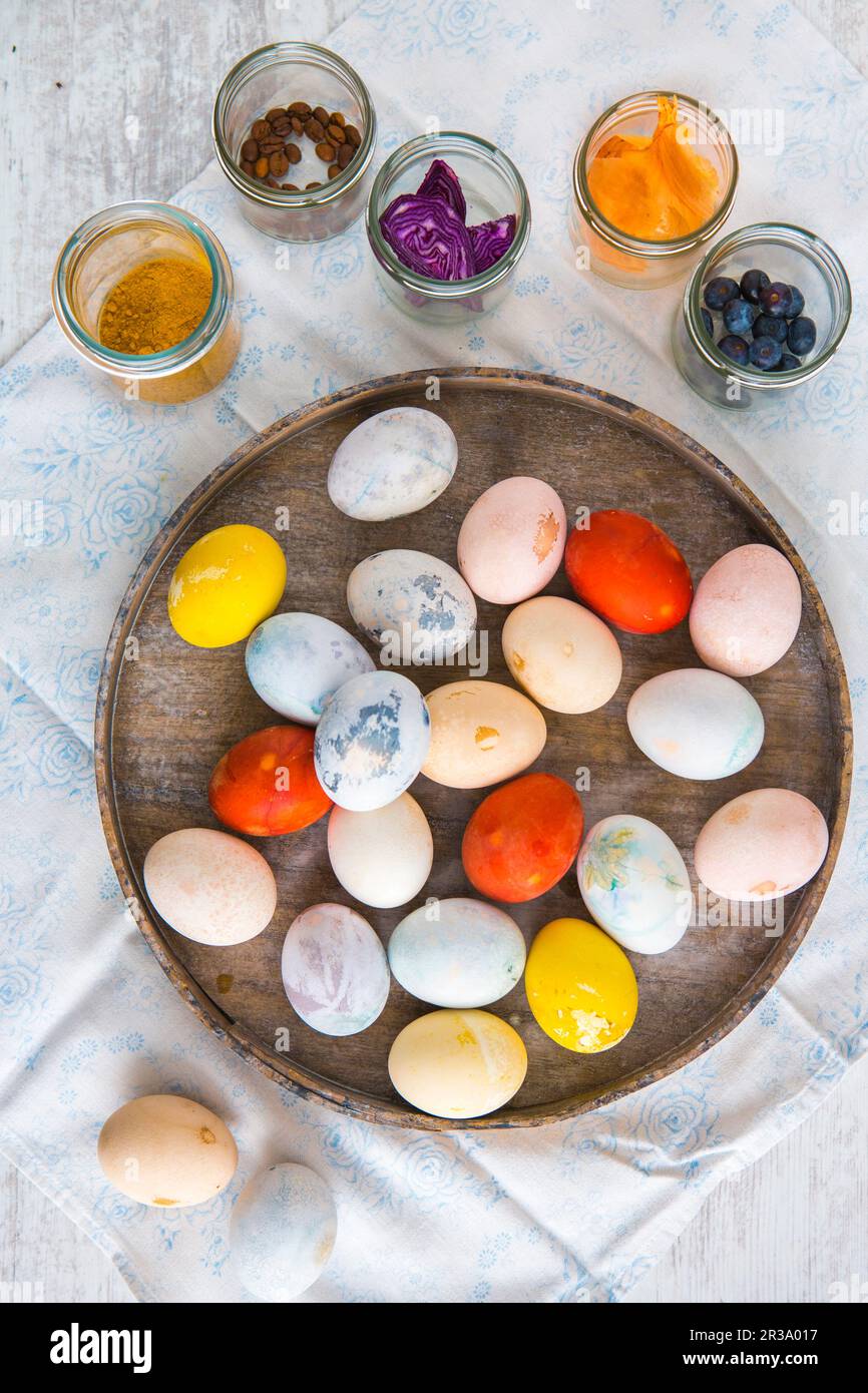 Colourful Easter eggs on a plate Stock Photo
