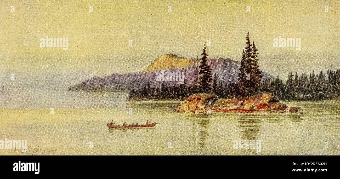 Cariboo Island, Thunder Bay, British Columbia watercolor by Thomas Mower Martin from the book ' Canada ' by Wilfred Campbell,  Published in 1907 by Adam and Charles Black in London Stock Photo