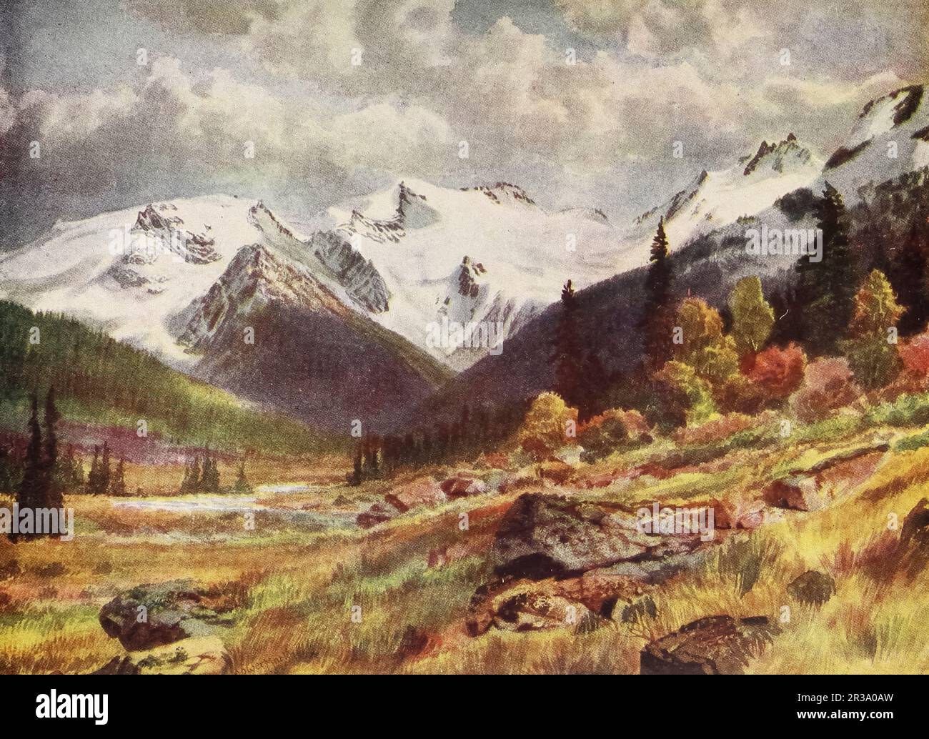 The Valley from Rogers Pass, British Columbia watercolor by Thomas Mower Martin from the book ' Canada ' by Wilfred Campbell,  Published in 1907 by Adam and Charles Black in London Stock Photo