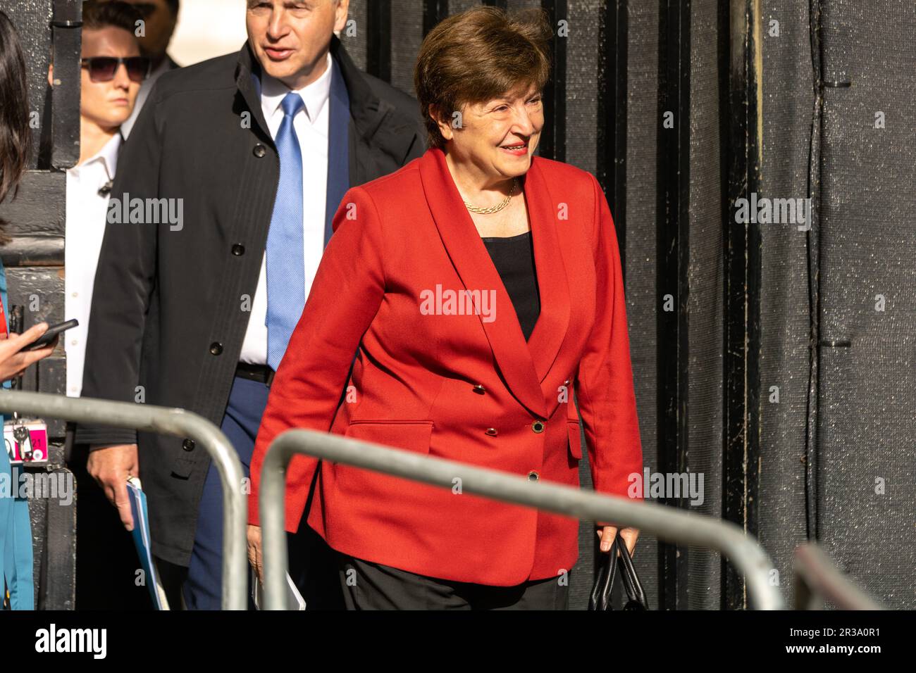 London, UK. 23rd May, 2023. Jeremy Hunt, Chancellor of the Exchequer, meets with Kristalina Georgieva Managing Director of the International Monetary Fund at 11 Downing Street London UK Kristalina Georgieva arrives in Downing Street Credit: Ian Davidson/Alamy Live News Stock Photo