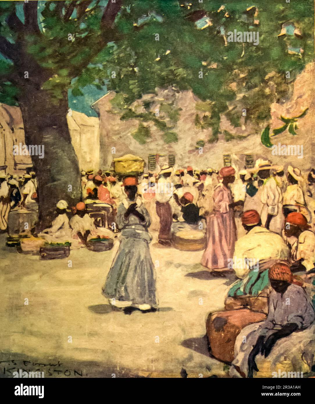 The Tobacco Market, Kingston Painted by Archibald Stevenson (A. S.)  Forrest, from the illustrated book ' Jamaica ' by John Henderson, Published  in London by Adam. and Charles Black in 1906 Stock Photo