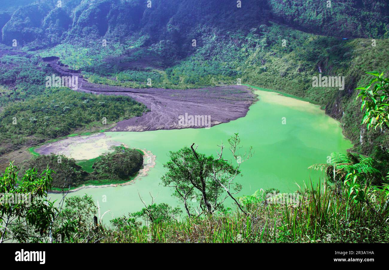 Beautiful view of green crater on Mount Galunggung, Tasikmalaya, West Java, Indonesia Stock Photo