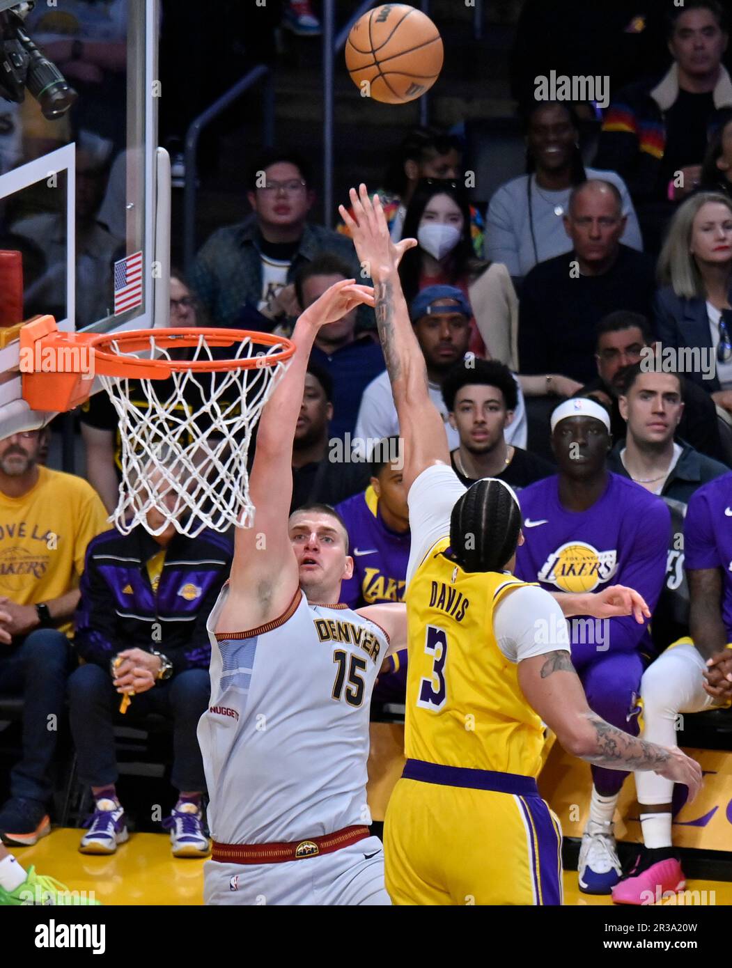 Los Angeles, United States. 22nd May, 2023. Denver Nuggets center Nikola  Jokic (15) reacts to the block by Los Angeles Lakers center Anthony Davis,  right, during the second half in Game 4
