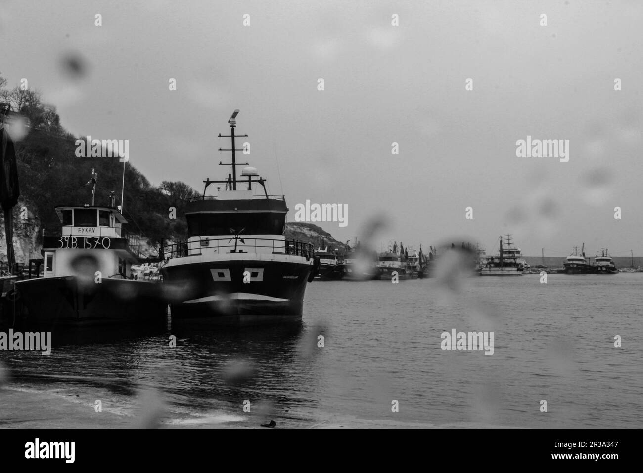 two seaboats on a rainy day in Kıyıköy, Kırklareli Stock Photo