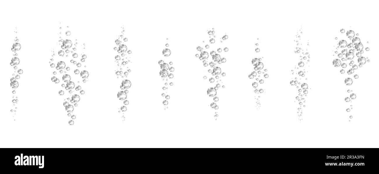 Oxygen air bubbles  flow  in water on white  background. Fizzy sparkles in sea, aquarium. Soda pop. Champagne. Effervescent tablet. Undersea vector te Stock Vector