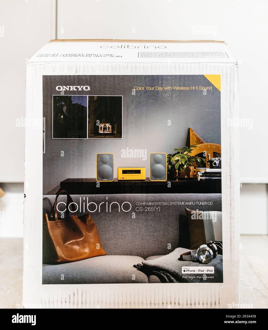 Paris, France - Feb 2, 2023: Cardboard box of Onkyo unique Colibrino CD  hi-fi mini system CS265 y in unique yellow color Stock Photo - Alamy
