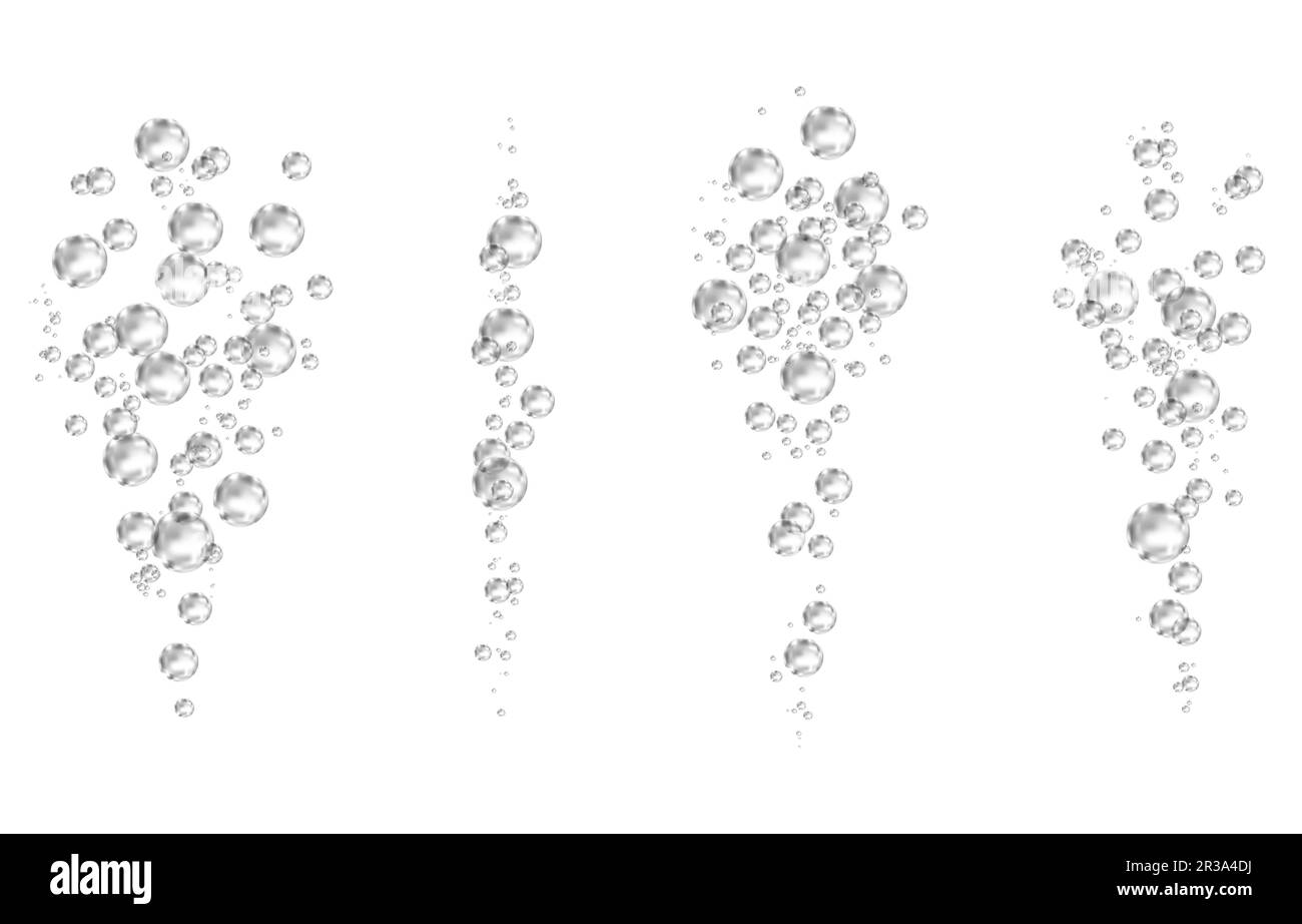 Oxygen air bubbles  flow  in water on white  background. Fizzy sparkles in sea, aquarium. Soda pop. Champagne. Effervescent tablet. Undersea vector te Stock Vector