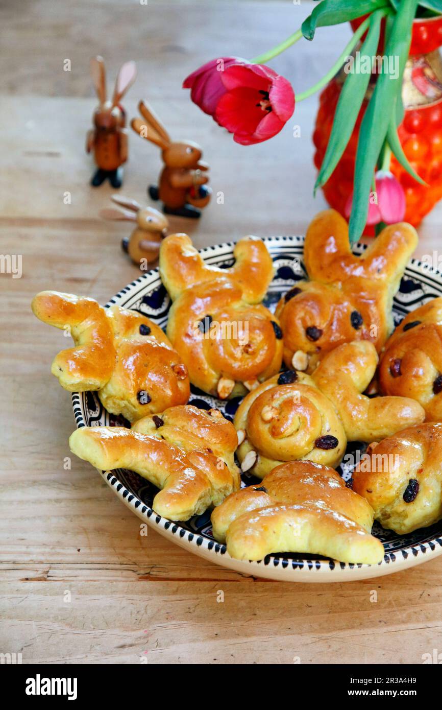 Yeast dough bunny buns for Easter Stock Photo