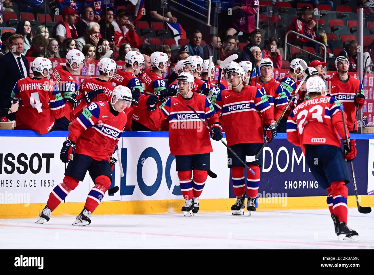 Norwegian players celebrate a goal during the IIHF Ice Hockey World  Championship, Group B match Slovakia vs Norway, on May 23, 2023, in Riga,  Latvia. (CTK Photo/David Tanecek Stock Photo - Alamy