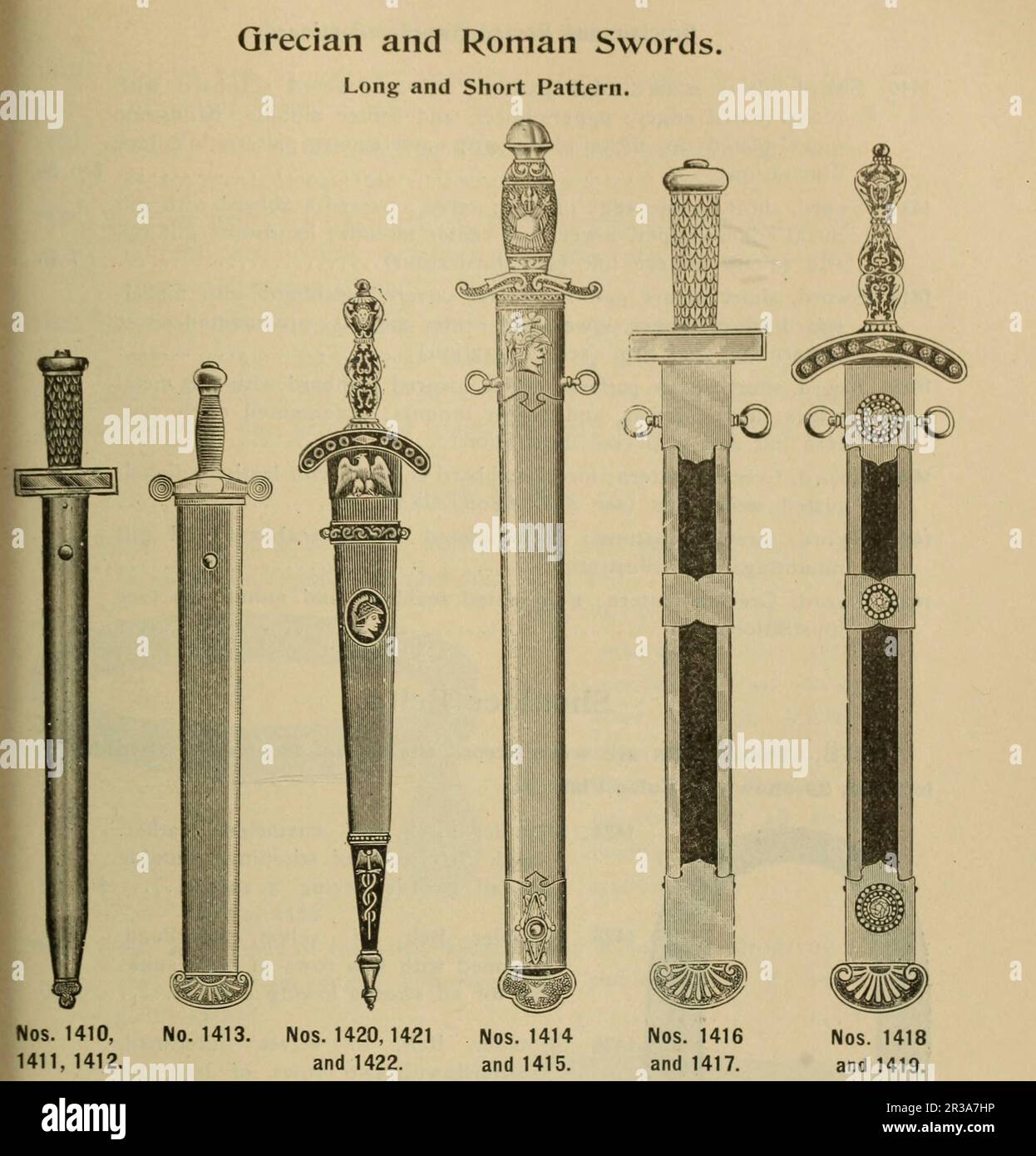 Grecian and Roman swords from the catalogue ' Illustrated catalogue and price list; Knights of Pythias lodge paraphernalia and costumes for all three ranks ' The Knights of Pythias is a fraternal organization and secret society founded in Washington, D.C., on February 19, 1864. The Knights of Pythias is the first fraternal organization to receive a charter under an act of the United States Congress. It was founded by Justus H. Rathbone, who had been inspired by a play by the Irish poet John Banim about the legend of Damon and Pythias. This legend illustrates the ideals of loyalty, honor, and f Stock Photo