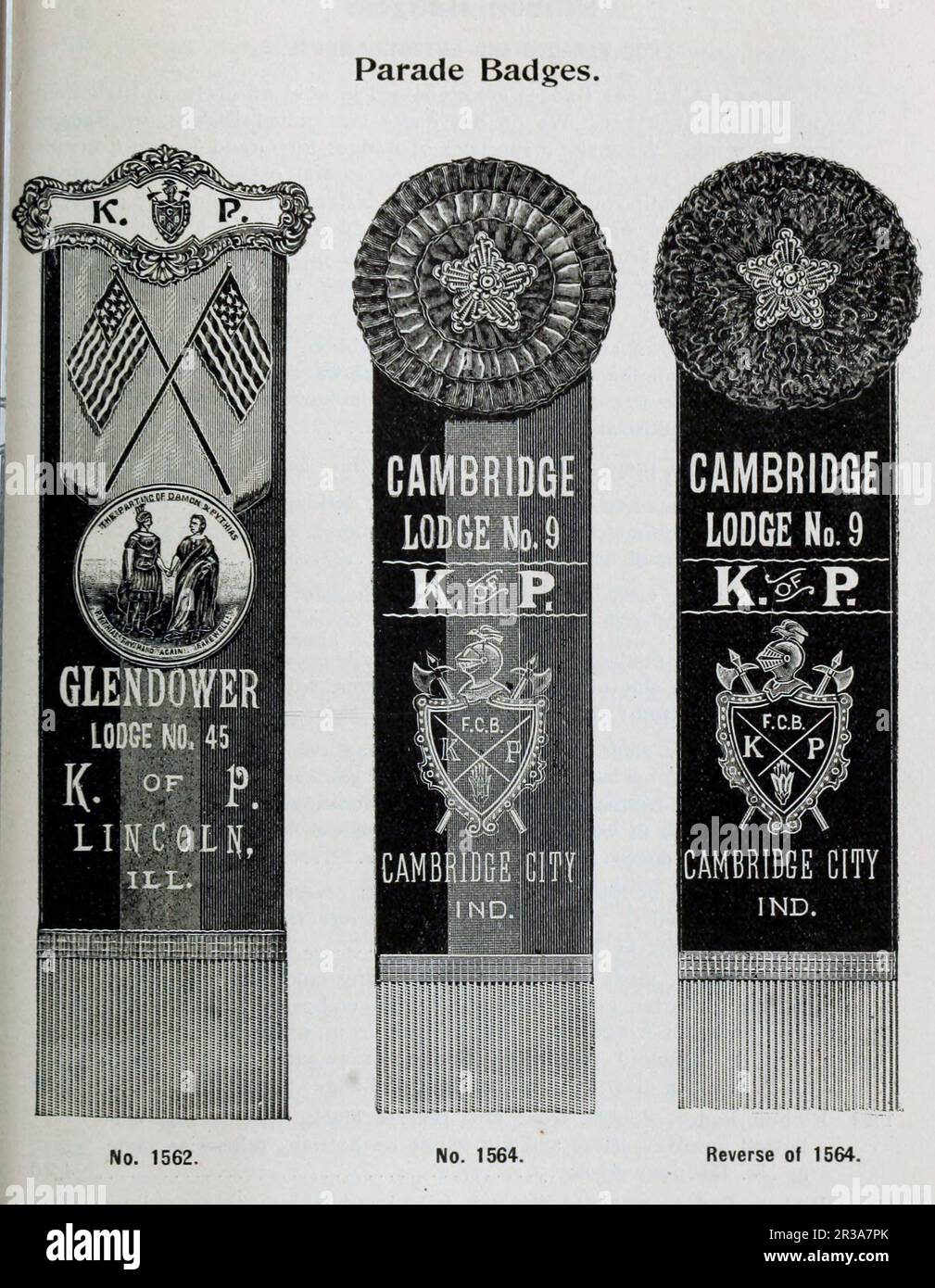 Parade Badges from the catalogue ' Illustrated catalogue and price list; Knights of Pythias lodge paraphernalia and costumes for all three ranks ' The Knights of Pythias is a fraternal organization and secret society founded in Washington, D.C., on February 19, 1864. The Knights of Pythias is the first fraternal organization to receive a charter under an act of the United States Congress. It was founded by Justus H. Rathbone, who had been inspired by a play by the Irish poet John Banim about the legend of Damon and Pythias. This legend illustrates the ideals of loyalty, honor, and friendship t Stock Photo