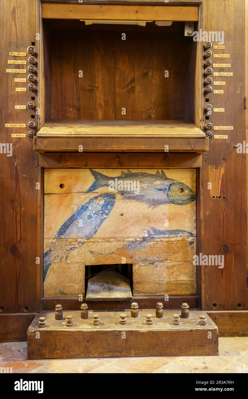 exvoto painted fish in the organ, parish church, Andratx, Majorca, Balearic Islands, Spain. Stock Photo
